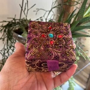 Beautiful Keepsake Jewelry Trinket Box Floral Hand Beaded Fabric Boho Purple
